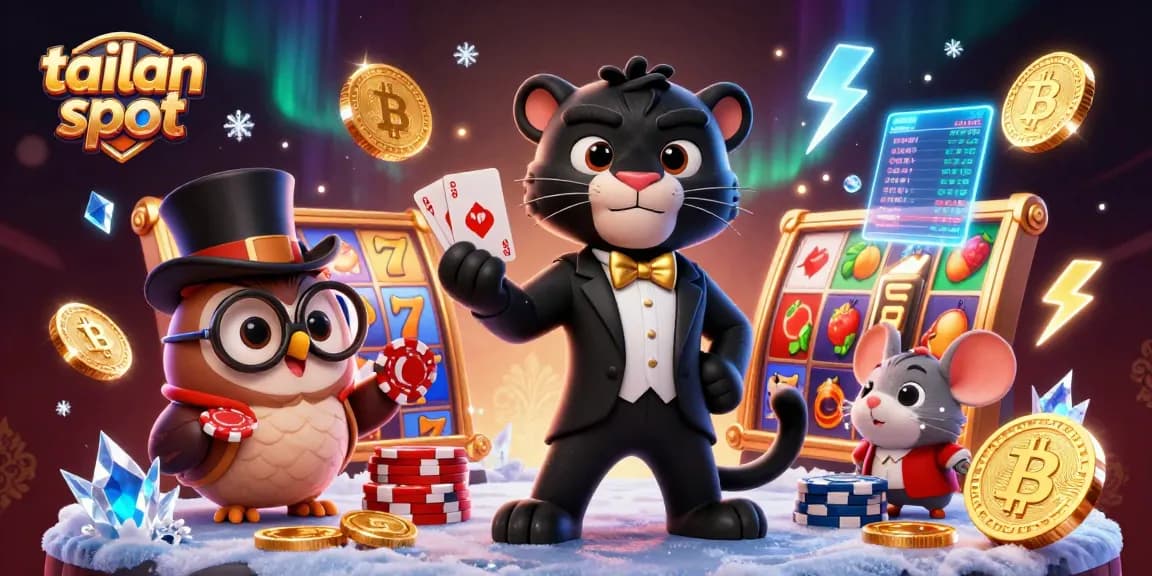 Spin to win at tailan slot with a stylish panther dealer, lucky owl, and mouse amidst vibrant reels and coins.