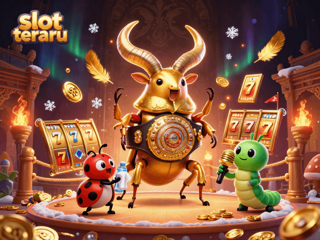 Experience the excitement of slot terbaru with a vibrant illustration of a golden stag beetle boxing champion.