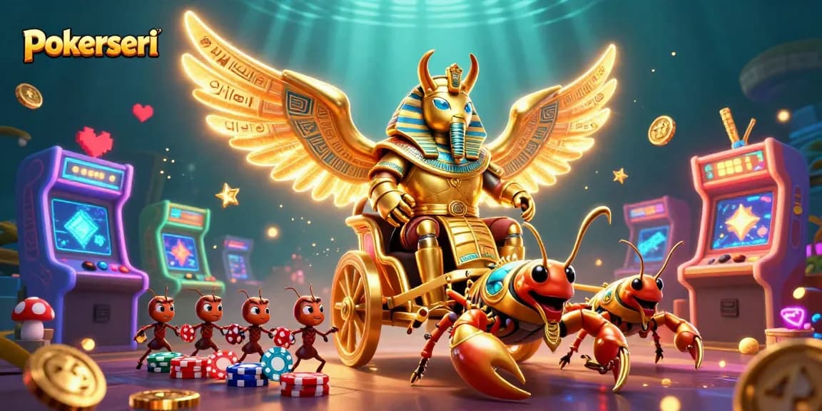 Play at pokerseri with a vibrant 3D scene of casino gaming excitement featuring unique characters and immersive details.