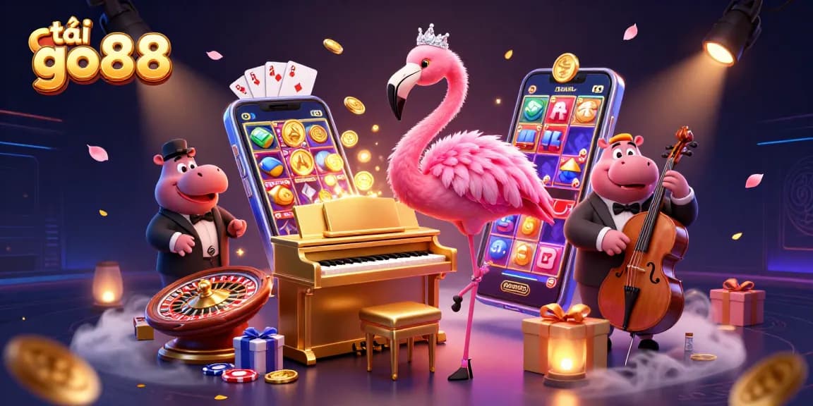 Engage with tải go88 by experiencing an exciting slot game amidst a dynamic casino illustration.
