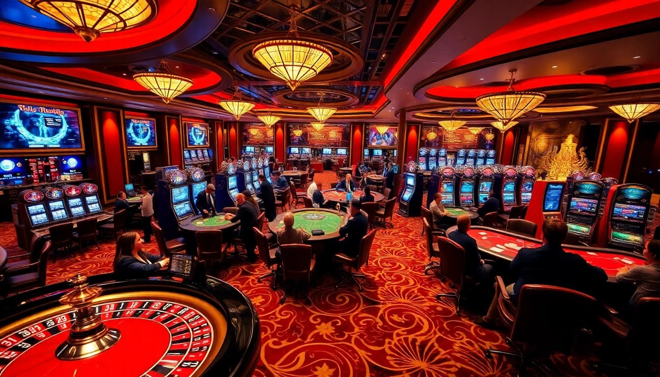 Engaged players at a lavish casino showcasing games from https://marvelbet.site/ with vibrant roulette and slot machines.