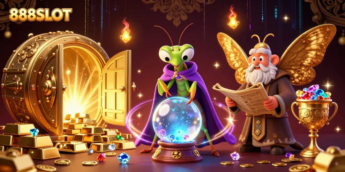 Experience thrilling gameplay at 888SLOT with a vibrant illustration of fortune tellers and shimmering treasures.
