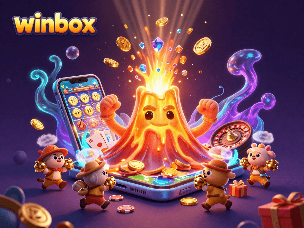 Winbox players enjoy thrilling slot games as a golden volcano erupts with treasure in a vibrant casino scene.