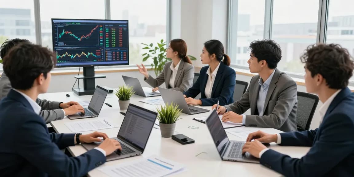 Business professionals strategizing on asset tracing analysis in a modern office.