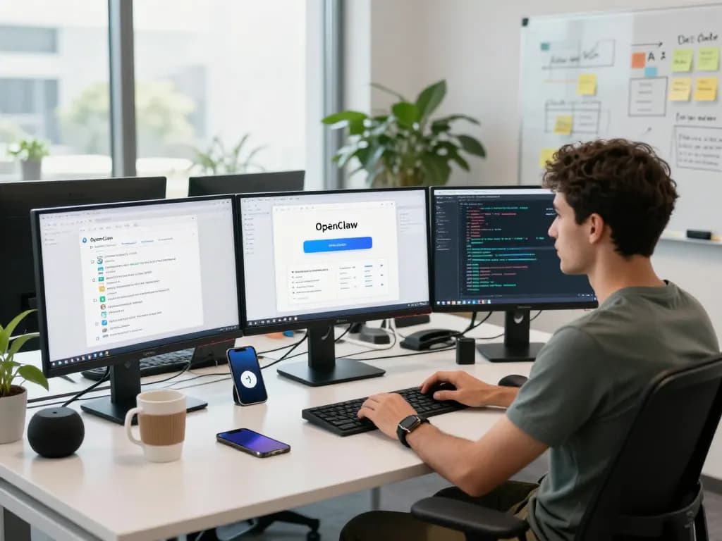 Developer using OpenClaw in a modern tech workspace with multiple monitors and natural light.