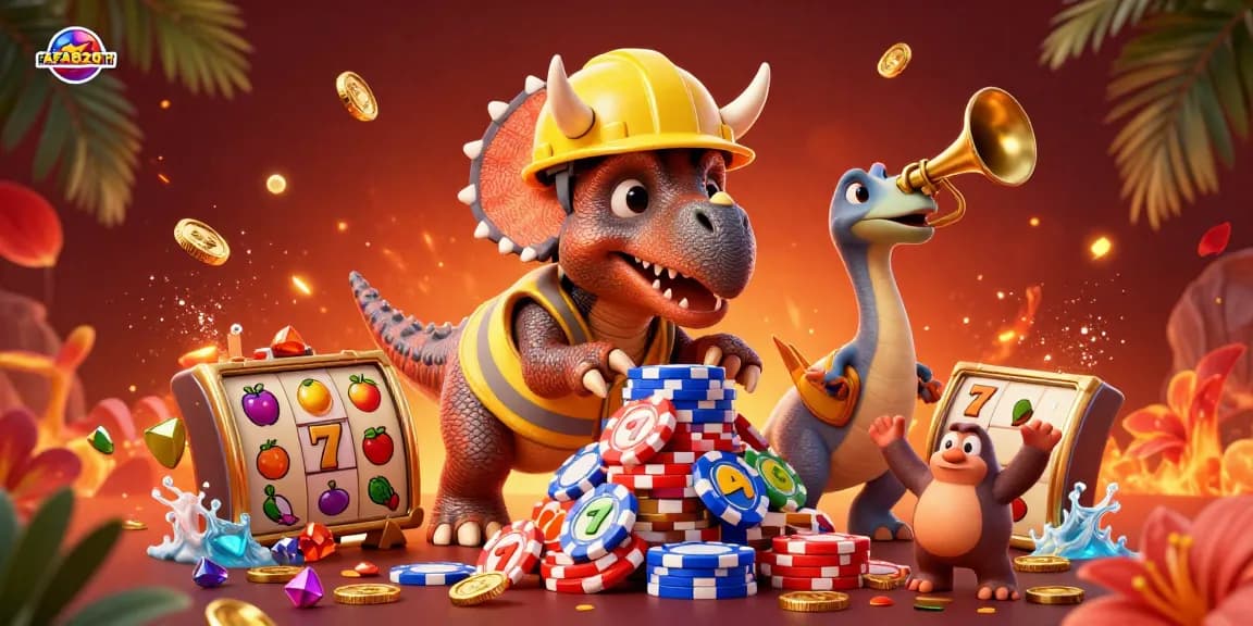 Engage with FAFA828TH's vibrant gaming scene featuring a triceratops and joyful characters in a casino-inspired illustration.