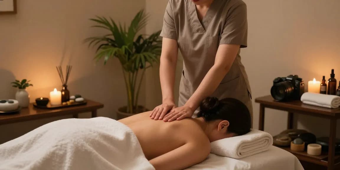 Expert 마사지 therapy in a serene studio with soothing ambiance and natural elements.