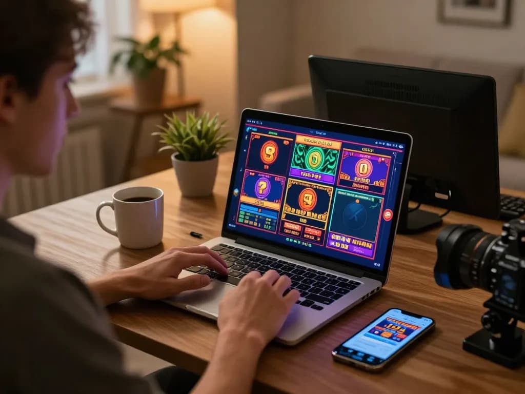 Player enjoying a slot machine game online at 7hh, emphasizing cozy home gaming environment.