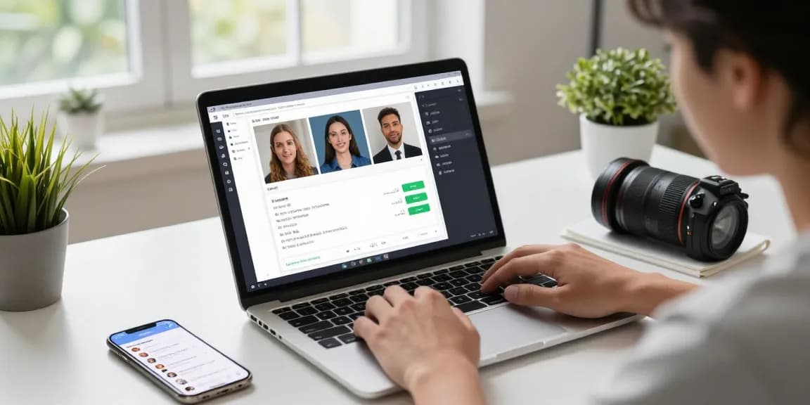 The free AI image detector in use, showing results on a laptop in a modern home office, focused on digital authenticity.