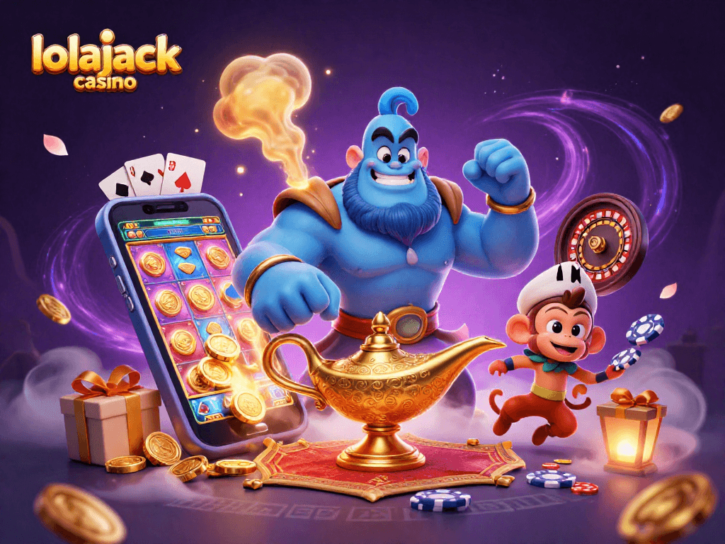 Experience the thrill of lolajack casino with a vivid 3D illustration of a genie, monkey, and poker chips.