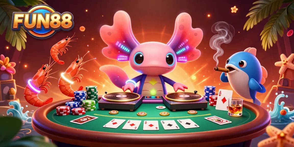 FUN88 showcasing a vibrant casino scene with an energetic axolotl DJ and dynamic poker elements.