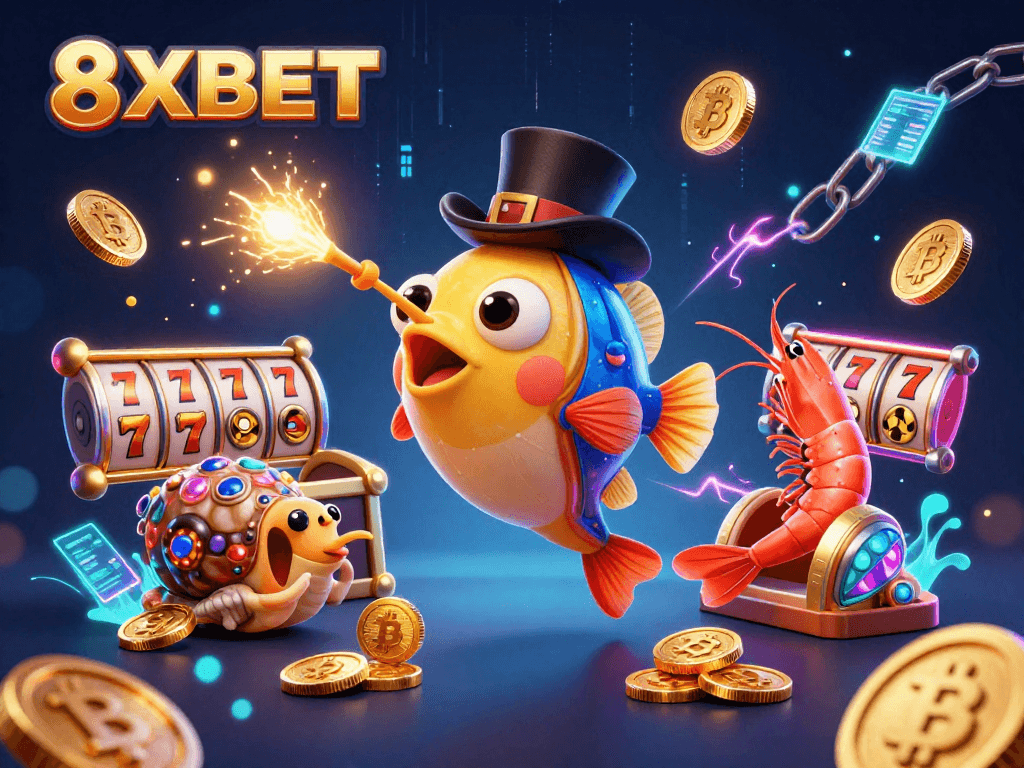 Engage in thrilling slot adventures with 8XBET featuring vibrant 3D characters and casino elements.