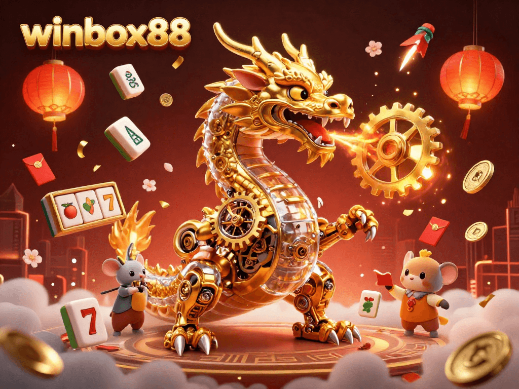 Experience the excitement of winbox88 with vibrant scenes of games and a golden dragon illustration showcasing casino energy.