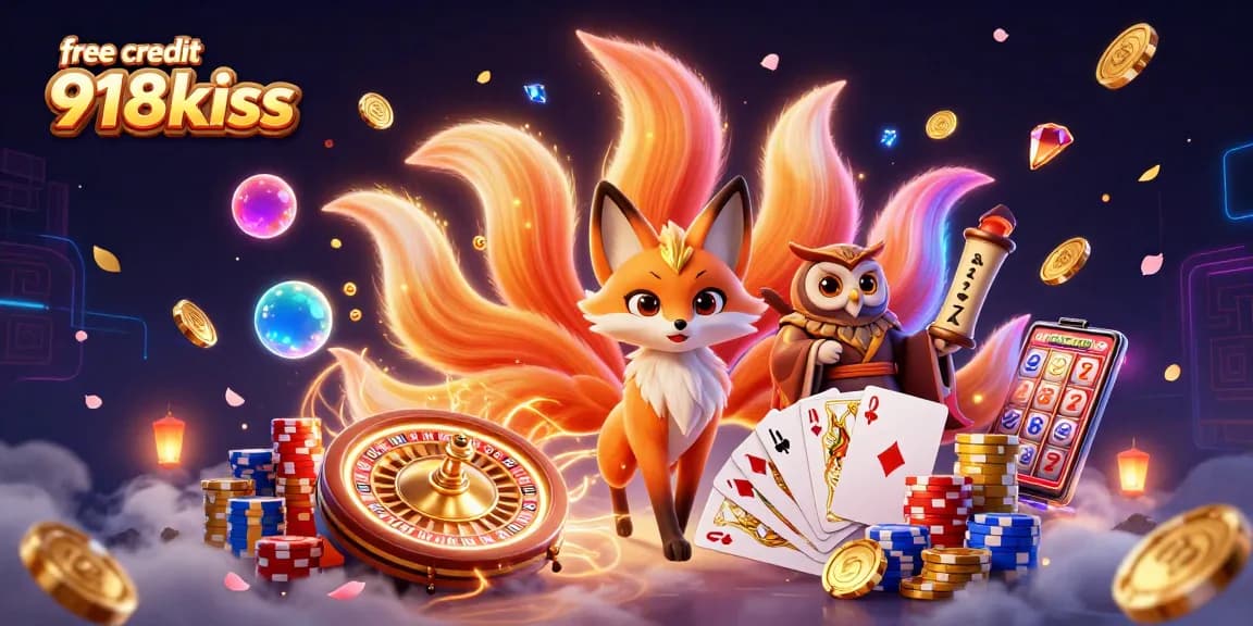 Free credit 918kiss shines brightly as the nine-tailed fox spirit and owl sage celebrate casino wins.