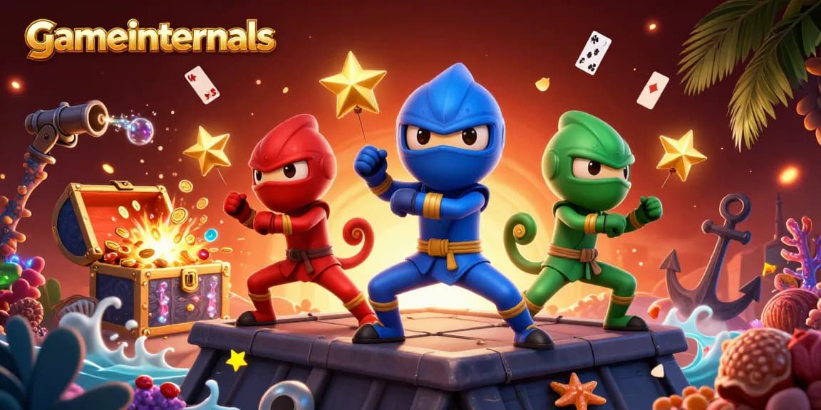 gameinternals showcases ninja chameleons in vibrant poses amidst gold coins and gaming symbols.