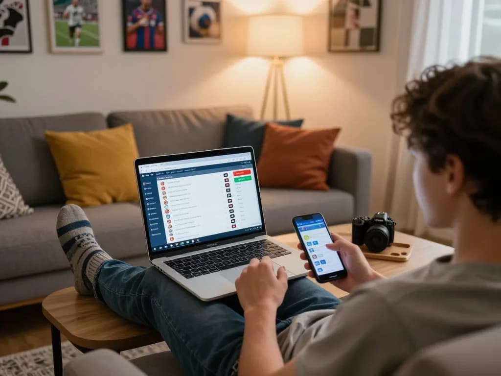 Engaging scene of a sports betting enthusiast using keonhacai while studying live odds on a laptop
