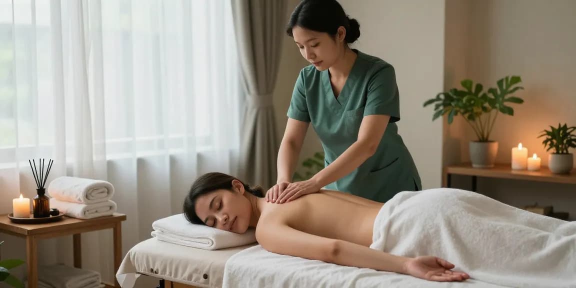 마사지 therapy in a serene wellness environment with calming elements.