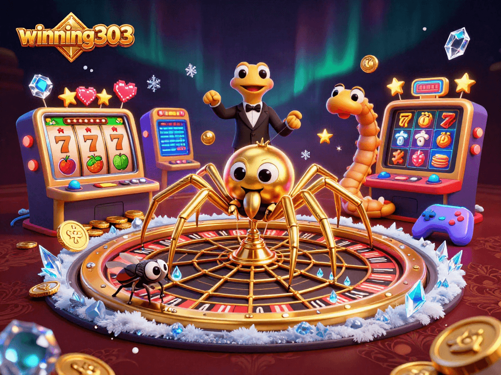 Winning303 spider spins a roulette wheel web as a nervous fly bets in a rich casino scene.