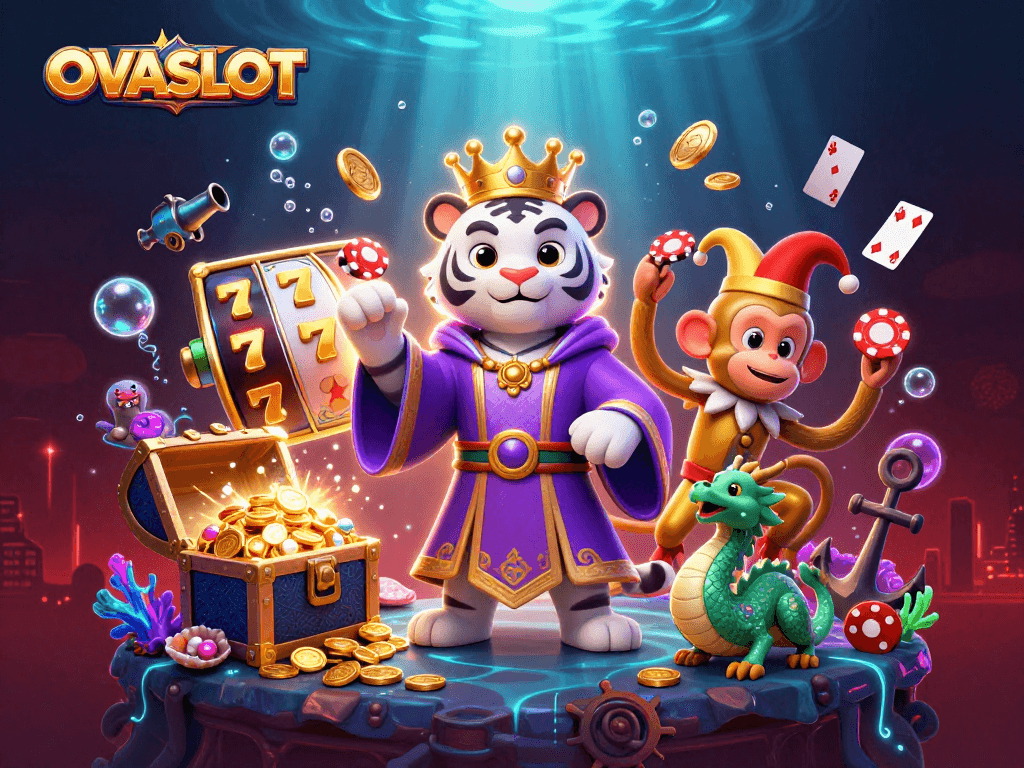 OVASLOT features a vibrant scene with a royal tiger, playful monkey, and jade dragon showcasing exciting slots action.