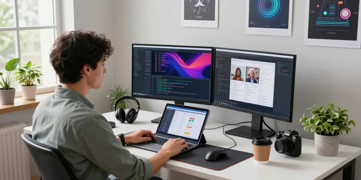 Developer coding at a modern workspace illustrating the efficiency of telegram官网 for tech projects.