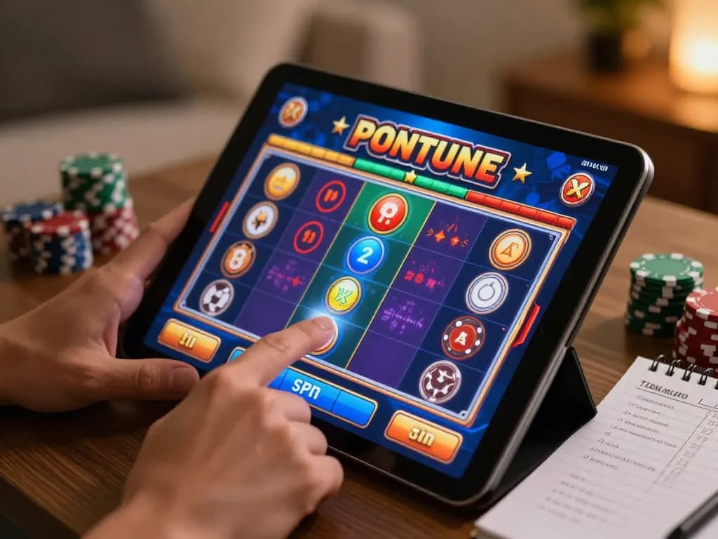 Excitedly tapping the spin button on a slot bet kecil game on tablet screen.