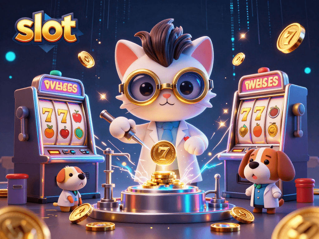 Spin the reels of slot machines as a mad scientist and dog create winning coins