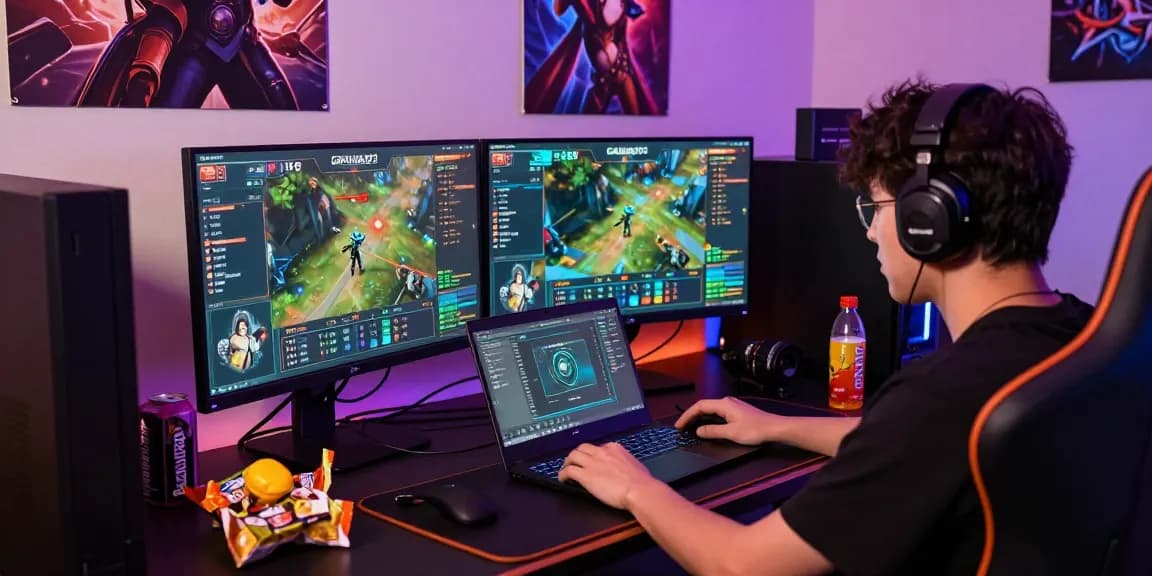 Gamer immersed in GARUDA303 online gaming environment with vibrant LED lighting and dual monitors.