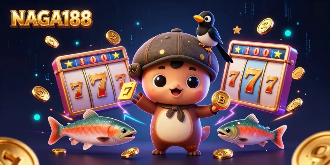 NAGA188 menghadirkan keseruan dengan ikon slot, emas bersinar, dan karakter lucu dalam ilustrasi kasino yang memukau.