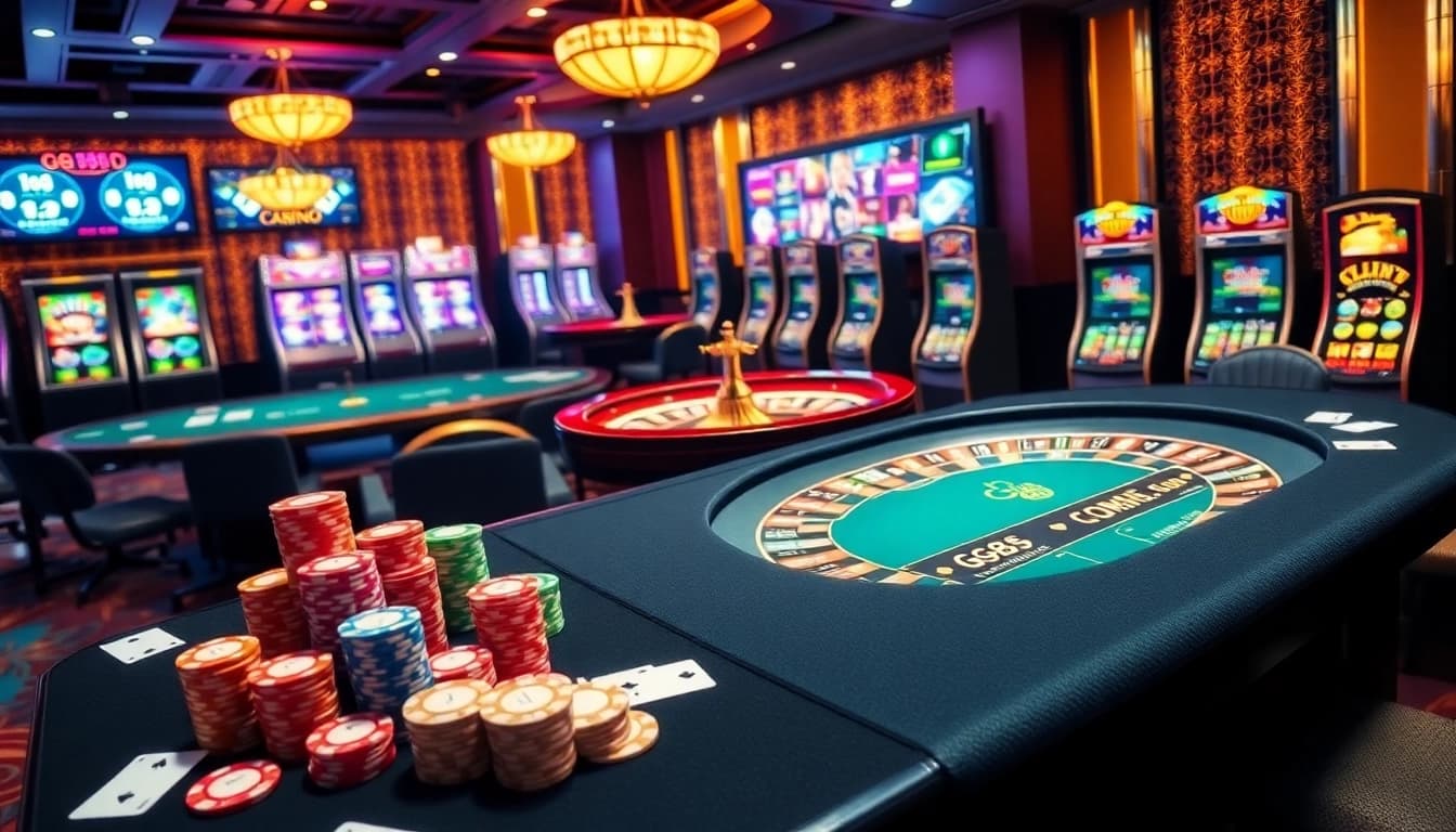Experience the excitement of online gaming at gg88.com with vibrant casino tables and poker chips.