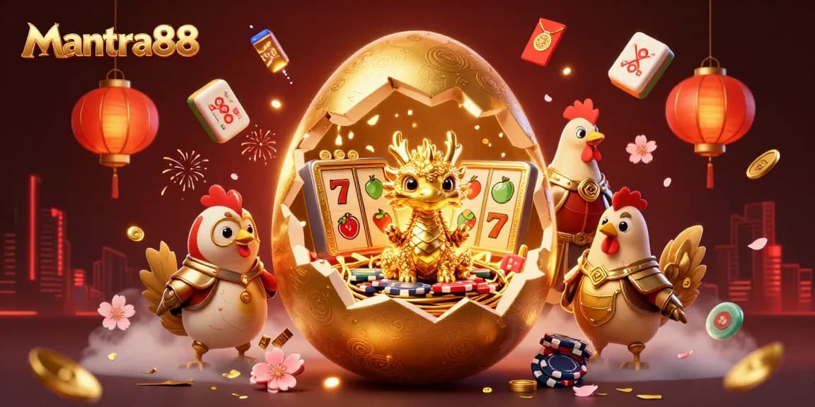 Play with mantra88 and win big with a golden dragon guarding valuable poker chips in a vibrant casino scene.