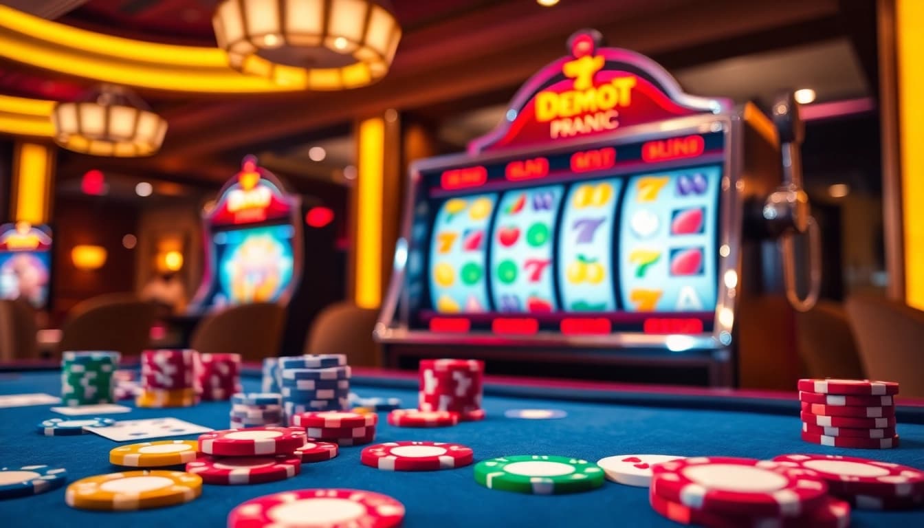 Engage with the demo slot pragmatic as vibrant poker chips and colorful casino elements create excitement.