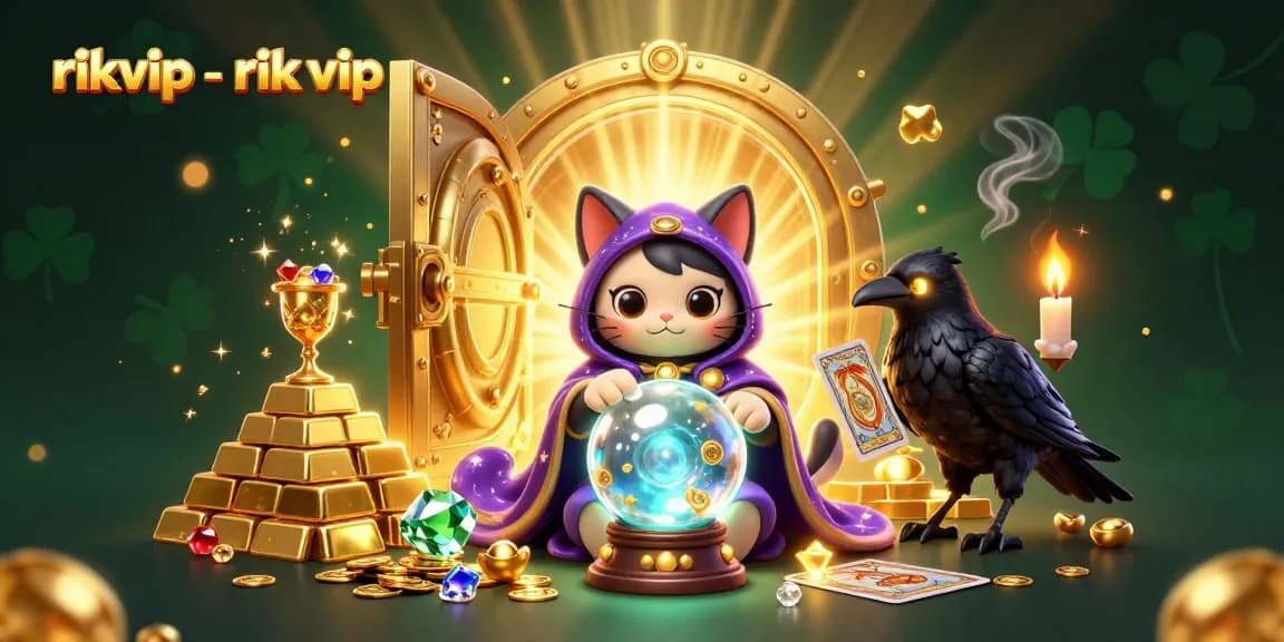 Engage with rikvip - rik vip through an enchanting illustration of a mystical cat and raven amidst gold treasures.