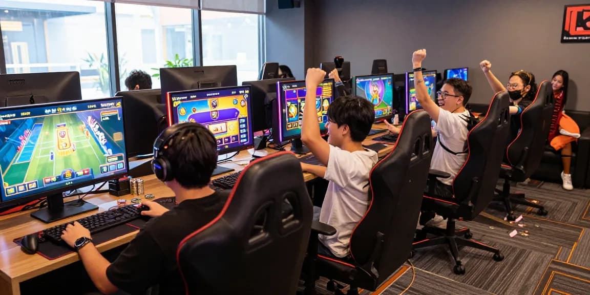 Exciting gaming moment with players celebrating a big win at garuda303, showcasing a vibrant gaming lounge atmosphere.