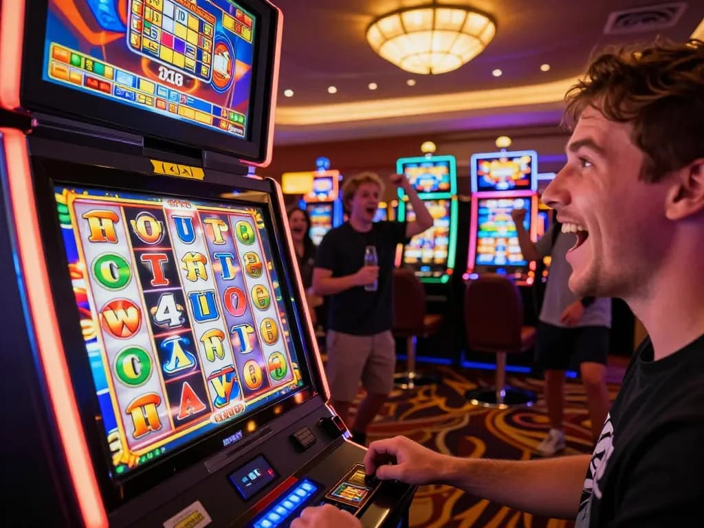 Player winning big on slot gacor machine with vibrant reels spinning and bright lights