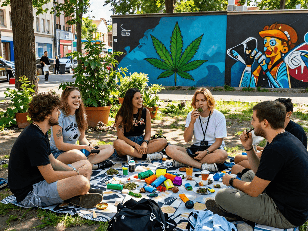 Gathering of friends enjoying Weed Berlin in vibrant park, showcasing cannabis culture and community spirit.