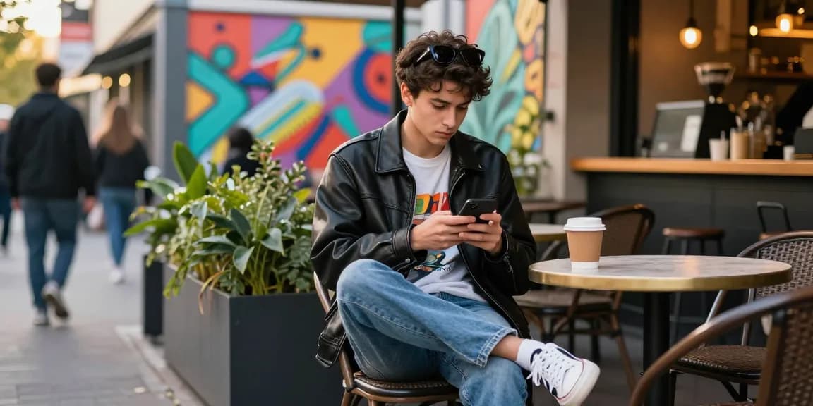 Young adult showcasing stylish 레플리카 fashion outfit in a vibrant urban café setting.