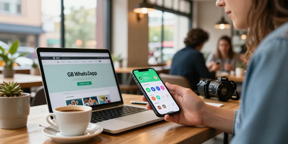 Person downloading GB WhatsApp at a café with vibrant atmosphere.