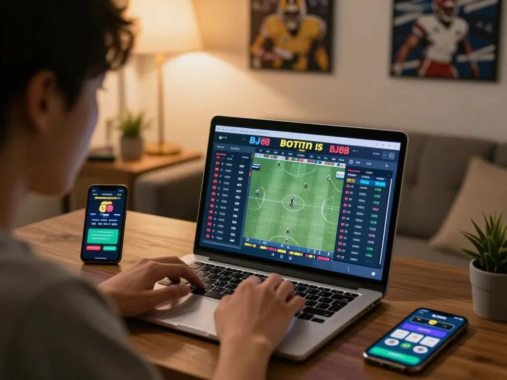 BJ88 user engaged in live sports betting, showcasing a laptop with dynamic odds and strategies in a home office setting.