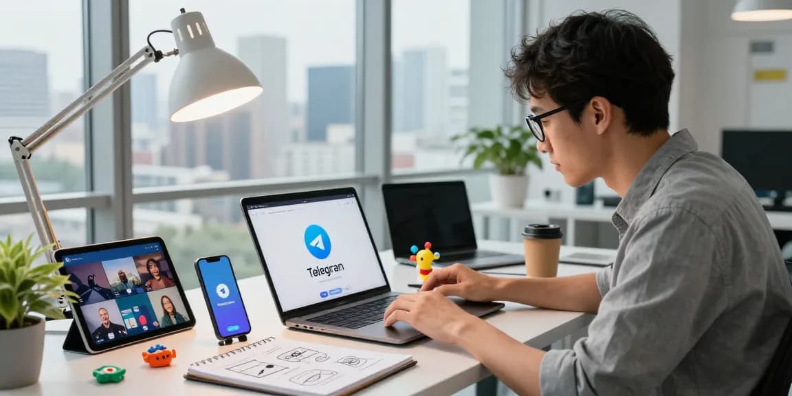 Engaging workspace scene showcasing telegram官网 app on multiple devices, emphasizing productivity and communication.