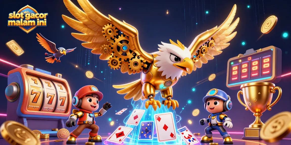 Experience the excitement with slot gacor malam ini, featuring dynamic slot reels and a golden eagle in a vibrant casino illustration.