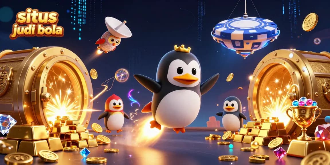 Engage with situs judi bola, witnessing a vibrant 3D cartoon scene filled with treasures and a golden penguin rocket through space.