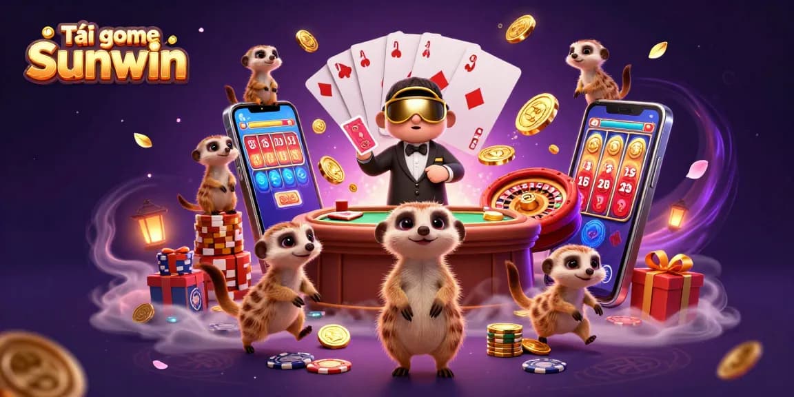 Engage with Tải game Sunwin in this vibrant casino scene featuring playful meerkats and exciting gaming elements.
