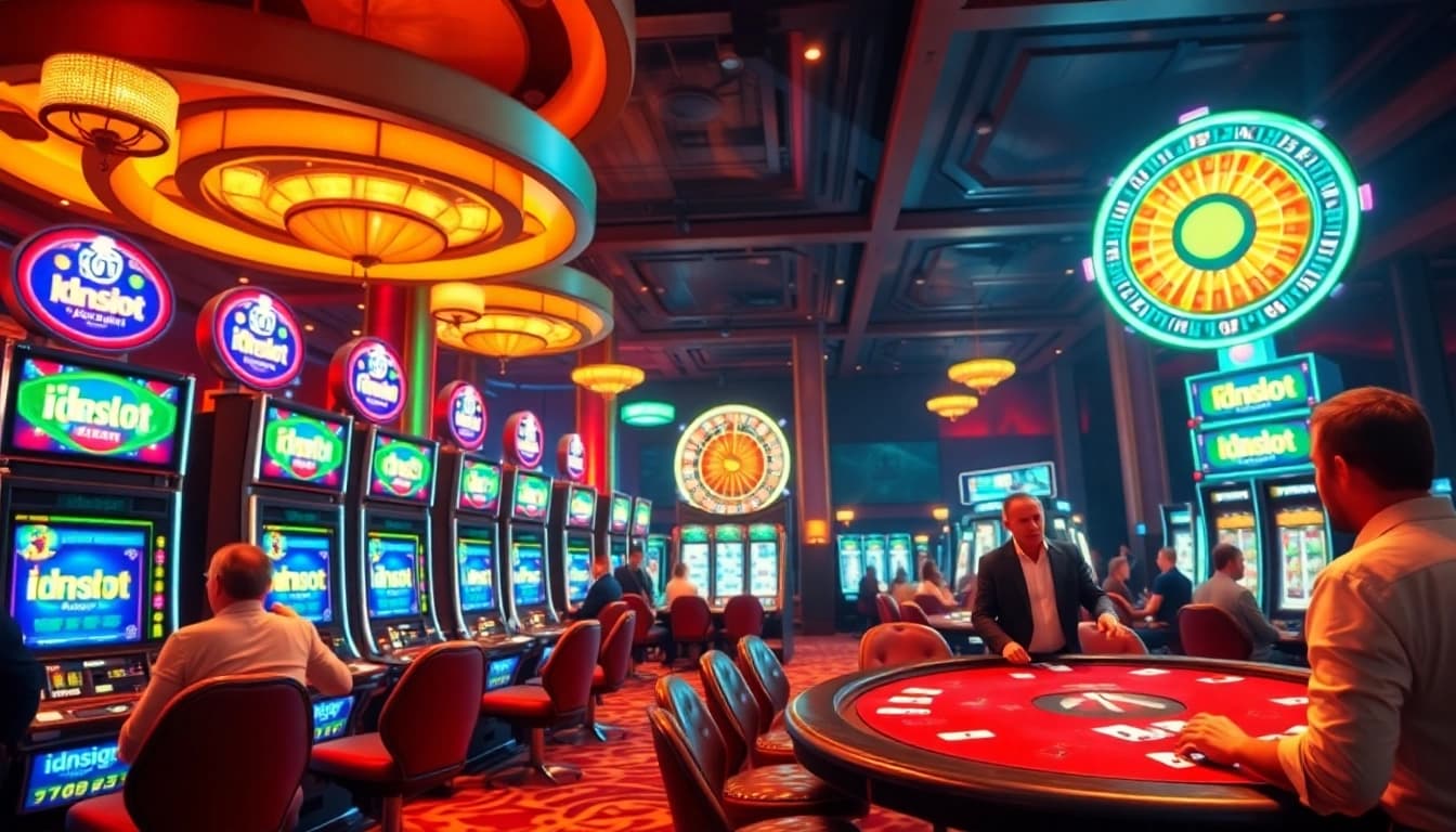 Players enjoy idnslot games at a vibrant casino filled with excitement and luxury.
