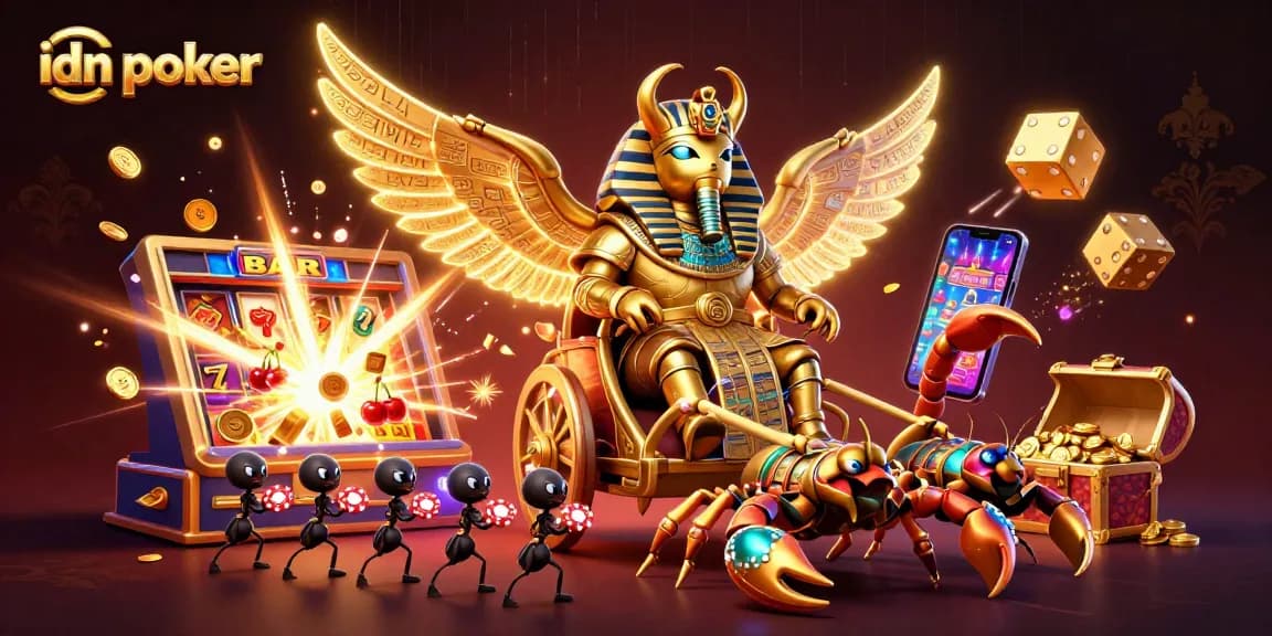 Engage with IDN poker excitement featuring a vibrant scene of a golden scarab beetle riding a chariot amidst casino elements.