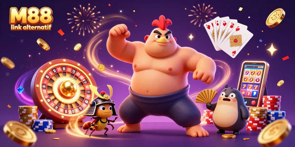 Experience winning with M88 link alternatif as a powerful sumo wrestler rooster and samurai cricket celebrate in a dynamic casino scene.