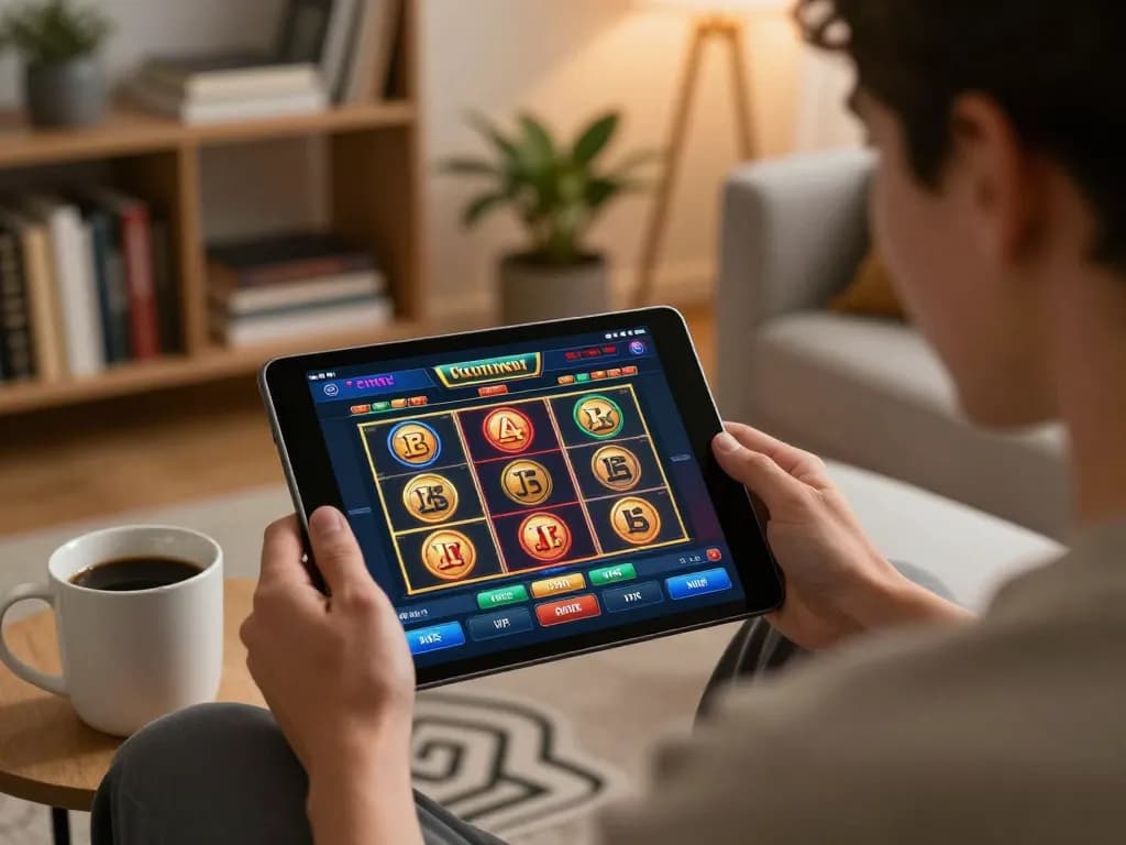 Engaging with betbet online casino app on tablet in cozy home setting, showcasing immersive gaming experience.