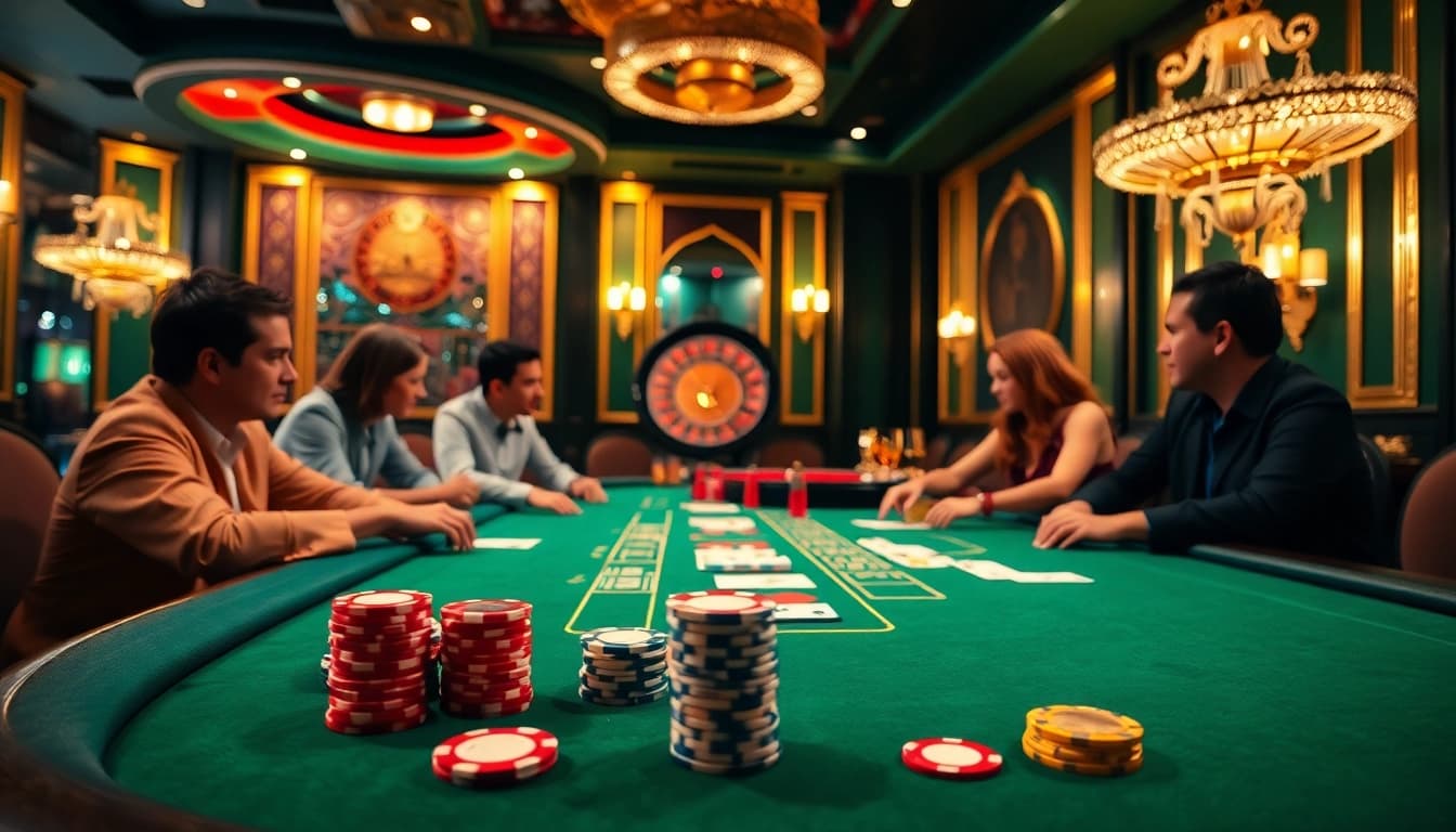 b52club gaming table with players enjoying an exciting card game in a vibrant casino setting.