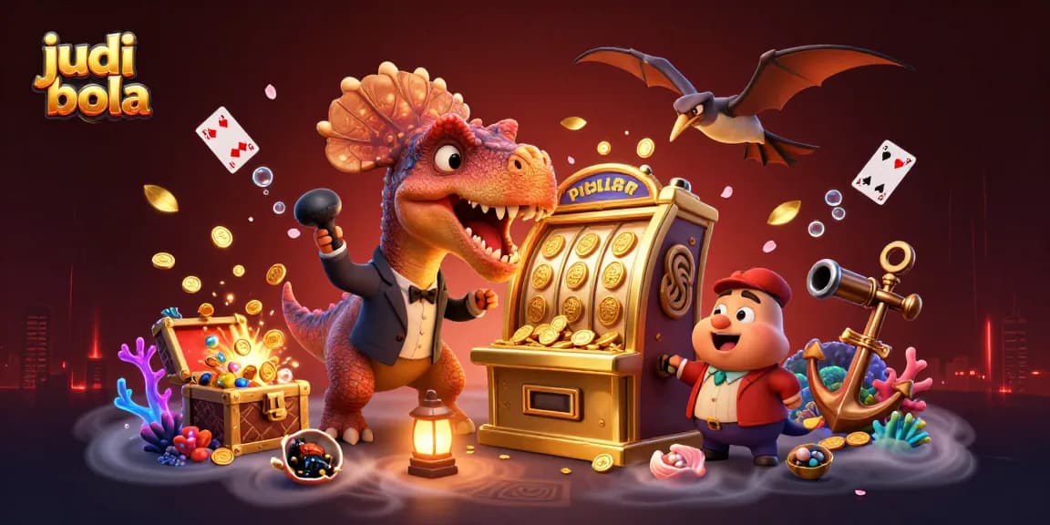 Experience judi bola excitement as a pachycephalosaurus triggers a jackpot while a pteranodon catches coins.