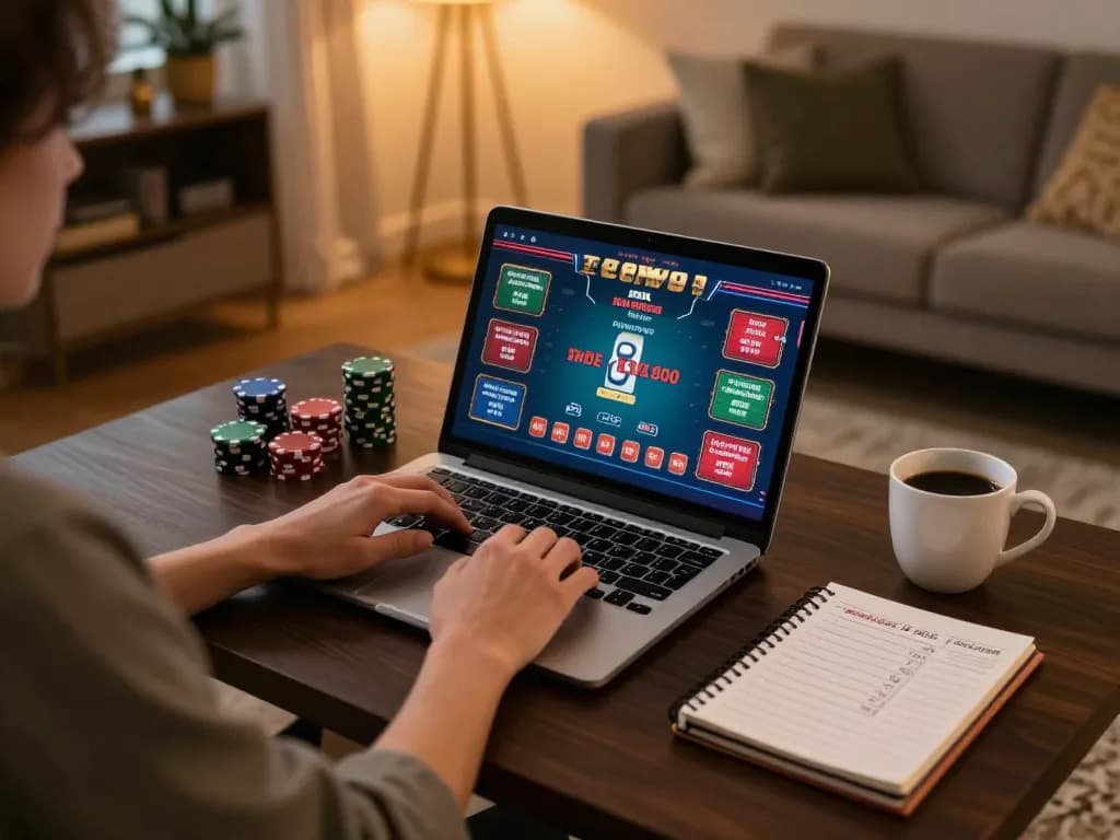 Experience thrilling online gaming with rr88 in a cozy home setup, featuring a laptop and poker game interface.