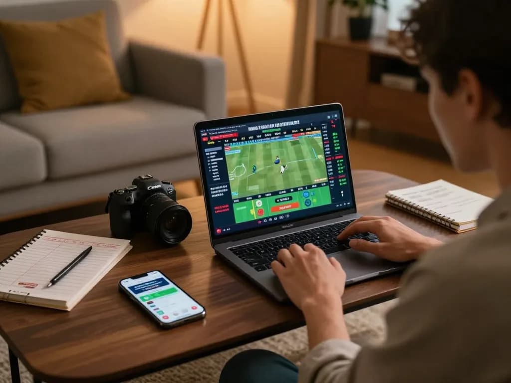 Engaging in online betting strategies with keo nha cai displayed prominently on the laptop screen, highlighting responsible gambling.